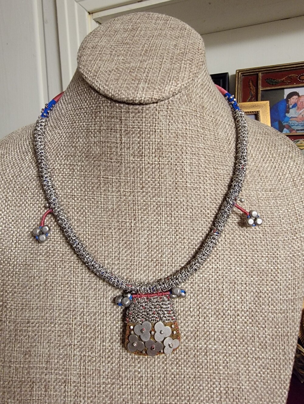 AYALA BAR Silver-Tone Floral Pendant Necklace with Maroon Accent and Beads